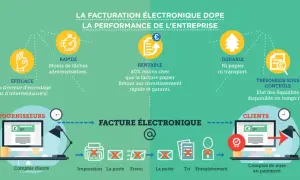 Infographie sur la facturation électronique, illustrant son efficacité, rapidité, rentabilité, durabilité et contrôle de trésorerie pour l'optimisation des achats.