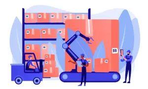 Un entrepôt moderne avec un chariot élévateur, un bras robotisé et des employés utilisant un logiciel de gestion d'entrepôt pour scanner des colis.