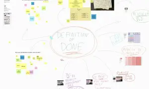 Tableau blanc collaboratif sur la "Definition of Done" (DoD), avec des post-its, des schémas et des textes. La DoD est la base d'un contrat agile.