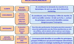Schéma du micro environnement : clients, concurrents, partenaires, groupes d'influence, et leurs rôles dans la stratégie marketing.