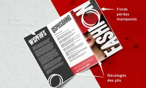 Brochure de mode avec texte en français, mettant en avant des erreurs de mise en page comme "Fonds perdus manquants" et "Décalages des plis", illustrant la gestion documentaire qualité.