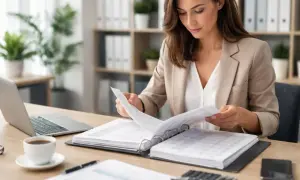 Femme d'affaires examinant des documents pour une meilleure réduction des coûts. Bureau, ordinateur portable, café.