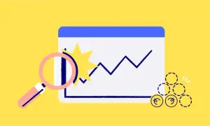 Loupe examinant un graphique de performance financière en hausse, avec des symboles d'euros.
