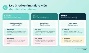 Les 3 ratios clés du bilan comptable : FRNG, BFR et Ratio d'endettement. Analyse des indicateurs pour une gestion financière saine.