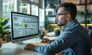 Un homme analyse des graphiques et des données sur son écran, un exemple d'audit informatique.