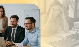 Une équipe souriante collabore, contrastant avec une femme stressée accablée par des piles de documents, illustrant la difficulté de gérer plusieurs projets en même temps.