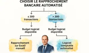 Diagramme de décision pour le rapprochement bancaire automatisé. Si moins de 300 transactions, rapprochement sur Excel/manuel. Si plus, logiciel comptable automatisé.