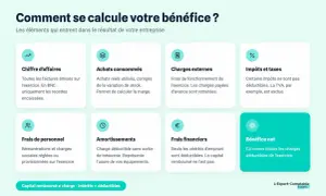Infographie expliquant comment vérifier la santé financière d'une entreprise : chiffre d'affaires, achats, charges, impôts, personnel, amortissements, frais financiers et bénéfice net.