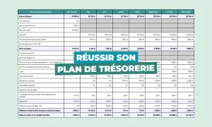 Tableau financier détaillant un exemple de budget de trésorerie pour une année, avec entrées et sorties d'argent mensuelles.