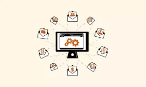 Un ordinateur central avec des engrenages, entouré d'enveloppes symbolisant des communications diverses, comme un logiciel de chat.