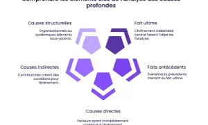 Schéma illustrant les éléments clés de l'analyse des causes profondes : causes structurelles, indirectes, directes, faits antécédents et fait ultime.