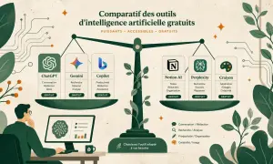 Comparatif d'outils d'intelligence artificielle gratuits : ChatGPT, Gemini, Copilot, Notion AI, Perplexity, Craiyon. Chacun offre des fonctionnalités uniques pour la conversation, la rédaction, la recherche, la productivité et la création d'images.