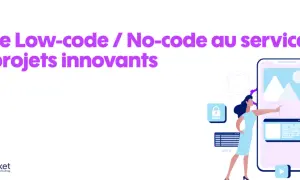 Illustration montrant l'utilisation du **logiciel low code** pour des projets innovants, avec des personnes interagissant avec une interface mobile.