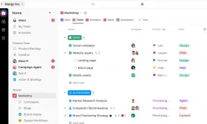 Tableau de tâches marketing avec des éléments terminés et en cours. Cliquez sur "up" pour voir plus de détails.