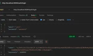 Connexion réussie avec spring security JWT. Le corps de la requête POST contient les identifiants, la réponse renvoie un token JWT.