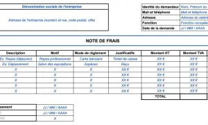 Formulaire de note de frais avec des exemples de dépenses professionnelles, comme des repas et des déplacements.