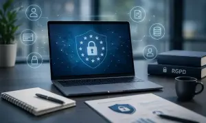 Ordinateur affichant un bouclier de sécurité avec un cadenas, symbolisant la protection des données. Le **RGPD et l'IA** sont au cœur de cette représentation de la cybersécurité.