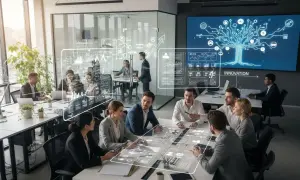 Équipe discutant autour d'une table, utilisant des outils de gestion d'entreprise futuristes projetés en 3D.