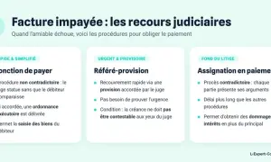 Schéma des recours judiciaires pour une facture impayée : injonction de payer, référé-provision, assignation en paiement. Ces procédures visent la relance facture impayée.