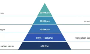 Pyramide des salaires d'un consultant en gestion de projet : Junior (60K€), Senior (80-120K€), Manager (150K€), Principal (200K€), Partner (300K€).