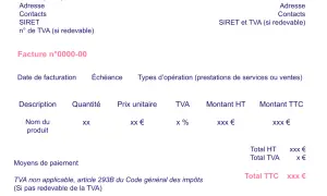 Modèle de facture pour auto entrepreneur, avec détails de l'entreprise, du client, des prestations et des montants HT et TTC.