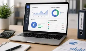 Tableau de bord d'un logiciel comptable affichant graphiques et transactions. Idéal pour gérer les finances, ce type de solution fait partie des logiciels comptables les plus utilisés.