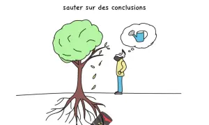Un homme pense à arroser un arbre dont les racines touchent un fût toxique. Une illustration sur la **gestion des non conformités** et les conclusions hâtives.