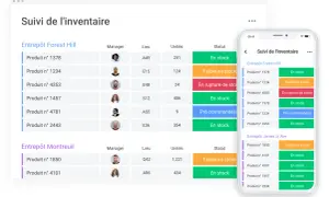 Tableau de suivi d'inventaire avec statuts (en stock, faible, rupture). Idéal pour un logiciel gestion stock gratuit.