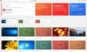 Interface AnyDesk avec des bureaux favoris et des sessions récentes. Votre bureau est accessible via demo-09@ad.