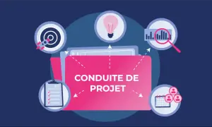 Icône de dossier rose "Conduite de projet" entourée d'icônes : fusée, ampoule, graphique, liste, calendrier. Illustration des enjeux d'un projet.