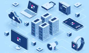 Illustration isométrique d'une infrastructure technologique : serveurs, ordinateur portable, smartphone, montre connectée, cloud, et un cadenas. Idéal pour la gestion de parc informatique.