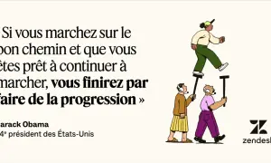 Illustration d'une citation de Barack Obama sur la progression, symbolisant le travail d'équipe. Une personne marche sur les épaules d'autres, qui la soutiennent.