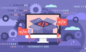 Des développeurs collaborent, symbolisant la communauté open source. Des engrenages et du code binaire évoquent la technologie et l'innovation.