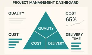 Tableau de bord de gestion de projet : un triangle d'or projet illustre la qualité, le coût (65%) et la livraison.