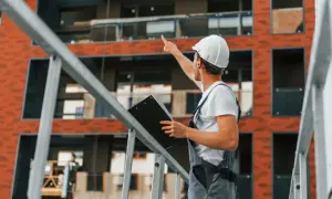 Un homme en casque blanc et salopette grise, tenant un porte-documents, pointe du doigt un bâtiment en construction. Il semble expliquer la différence entre maître d'œuvre et maître d'ouvrage.