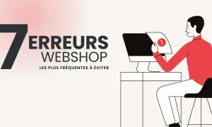 7 erreurs webshop à éviter pour une solution e-commerce réussie. Un homme regarde un écran d'ordinateur avec un point d'exclamation.