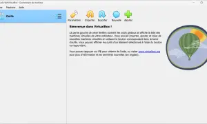 Interface de VirtualBox, le meilleur machine virtuelle, avec des icônes pour importer, exporter et ajouter des machines. Une montgolfière stylisée flotte dans un cercle.