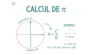 Le calcul de π : la circonférence divisée par le diamètre. Un exemple montre que pour un diamètre de 10 cm, π vaut environ 3.14.