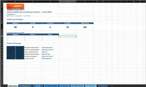 Tableau de bord GMAO Excel ADTI : 80 équipements, 9 OTs à faire, 6 en cours, 25 clôturés, 181 pièces sous seuil. Guide de démarrage inclus.