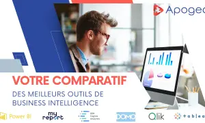 Un homme souriant regarde un écran d'ordinateur affichant des graphiques. Le texte "VOTRE COMPARATIF DES MEILLEURS OUTILS DE BUSINESS INTELLIGENCE" suggère un logiciel d'aide à la décision.