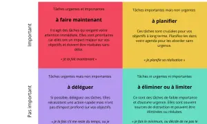 Matrice Eisenhower pour une **méthode urgent important** : à faire, à planifier, à déléguer, à éliminer. Priorisez vos tâches efficacement.