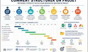 Les jalons d'un projet informatique : cadrage, planification, organisation, exécution, suivi, gestion des risques et clôture. Un diagramme de Gantt illustre les étapes.