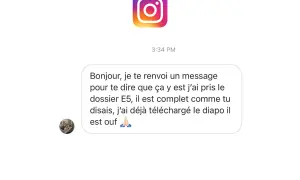 Un message Instagram annonce la fin du dossier E5 et le téléchargement d'un diaporama pour un diaporama gestion de projet BTS SAM exemple.