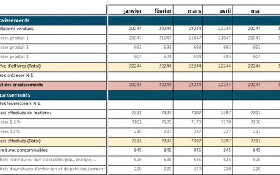 Tableau financier montrant un plan de trésorerie prévisionnel avec les encaissements et décaissements mensuels de janvier à juin.