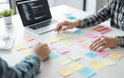 Des post-it colorés sur un bureau, représentant un **product breakdown structure** pour un projet.
