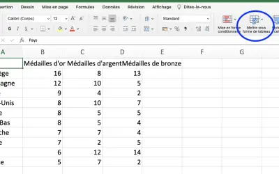 Un modèle tableau de suivi des actions affiche les médailles d'or, d'argent et de bronze pour différents pays.