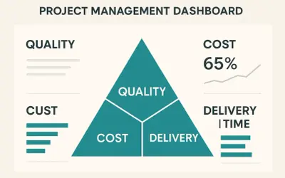 Tableau de bord de gestion de projet : un triangle d'or projet illustre la qualité, le coût (65%) et la livraison.