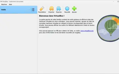 Interface de VirtualBox, le meilleur machine virtuelle, avec des icônes pour importer, exporter et ajouter des machines. Une montgolfière stylisée flotte dans un cercle.