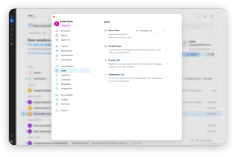 Interface de logiciel de messagerie électronique pour ordinateur, affichant les paramètres de la boîte de réception.