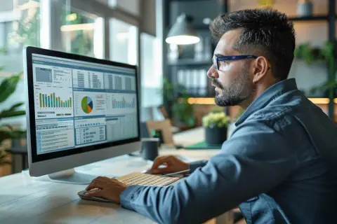 Un homme analyse des graphiques et des données sur son écran, un exemple d'audit informatique.